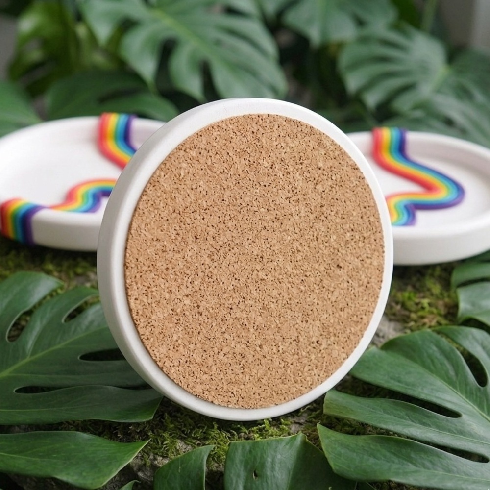 Rainbow Swirl Coaster Set - Cork backing - 4 Piece Set - White - Picture 3 of 4
